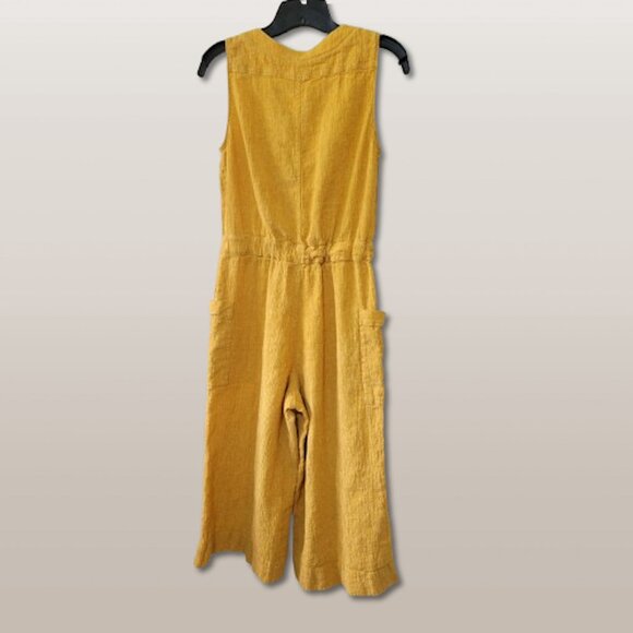 Poetry Linen Blend Jumpsuit Mustard Yellow Crinkle Sleeveless Cropped Wide Leg-6 - Picture 5 of 7